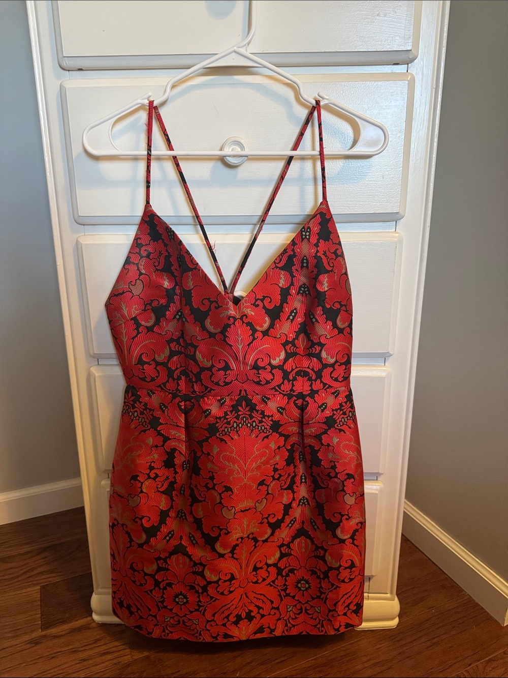Free People Red and Black Brocade Spaghetti Strap Mini Dress